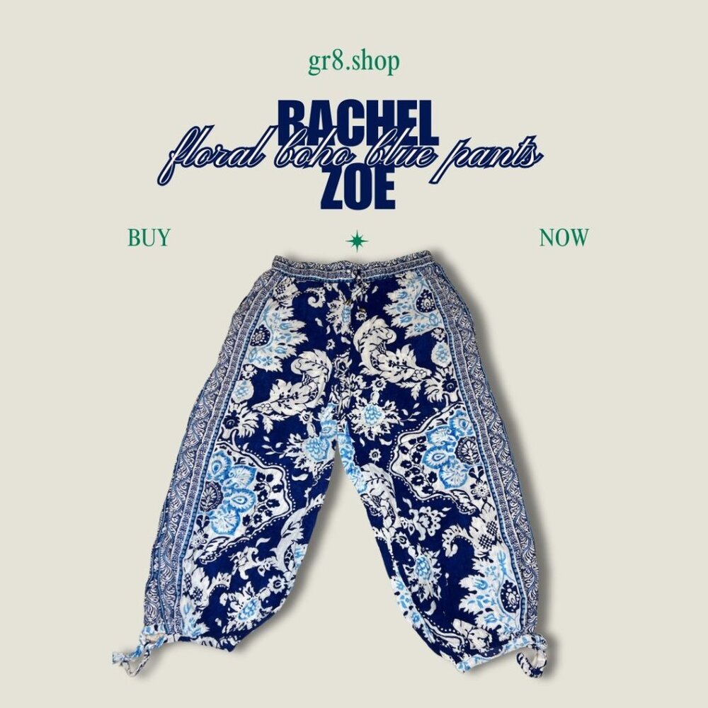 Rachel Zoe Floral Boho Blue Print Pants With Drawstring Waist & Tie Hem